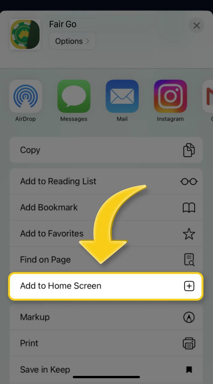 Use the "Add to Home Screen" option to quickly bookmark Fair Go.