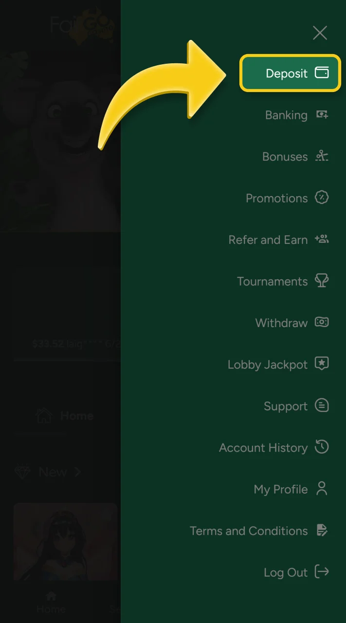 Go to the cashier section to deposit money into your Fair Go account.