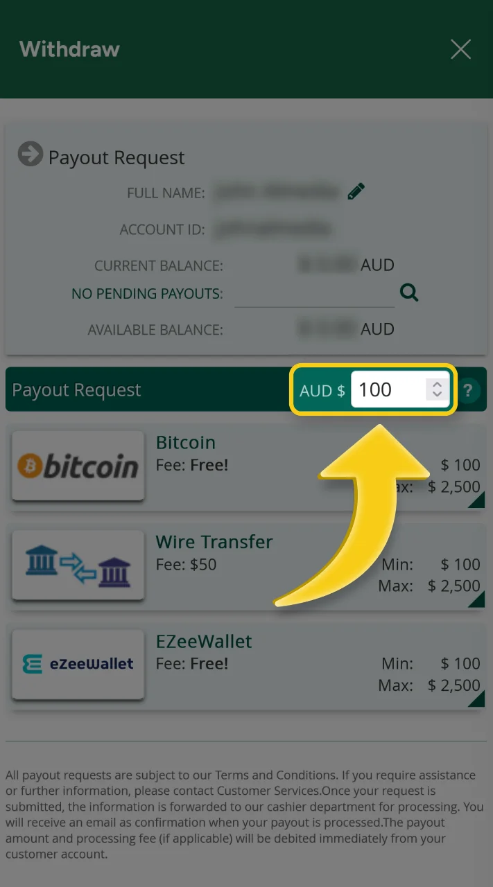 Set the amount of your winnings to withdraw from Fair Go.