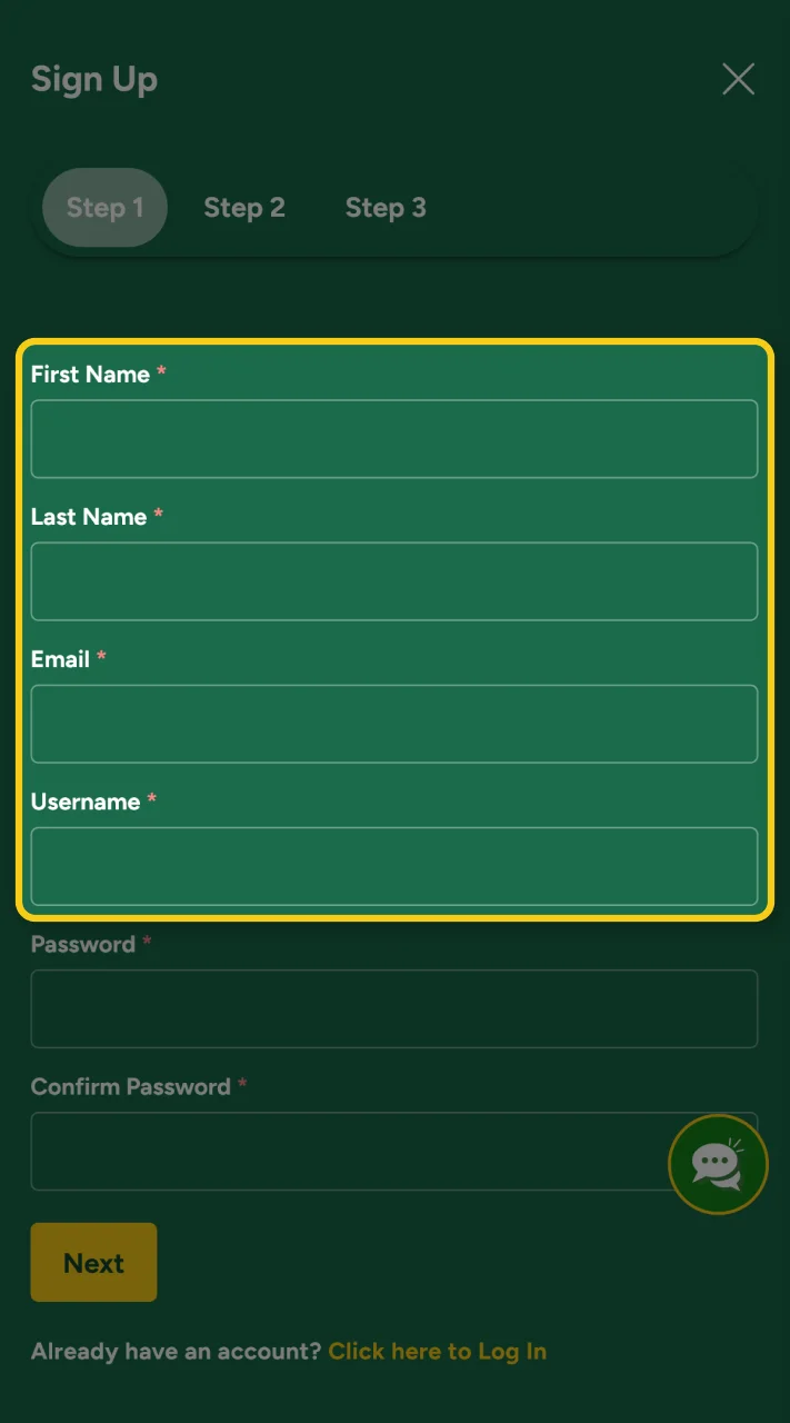 Enter the necessary information to create your Fair Go account.