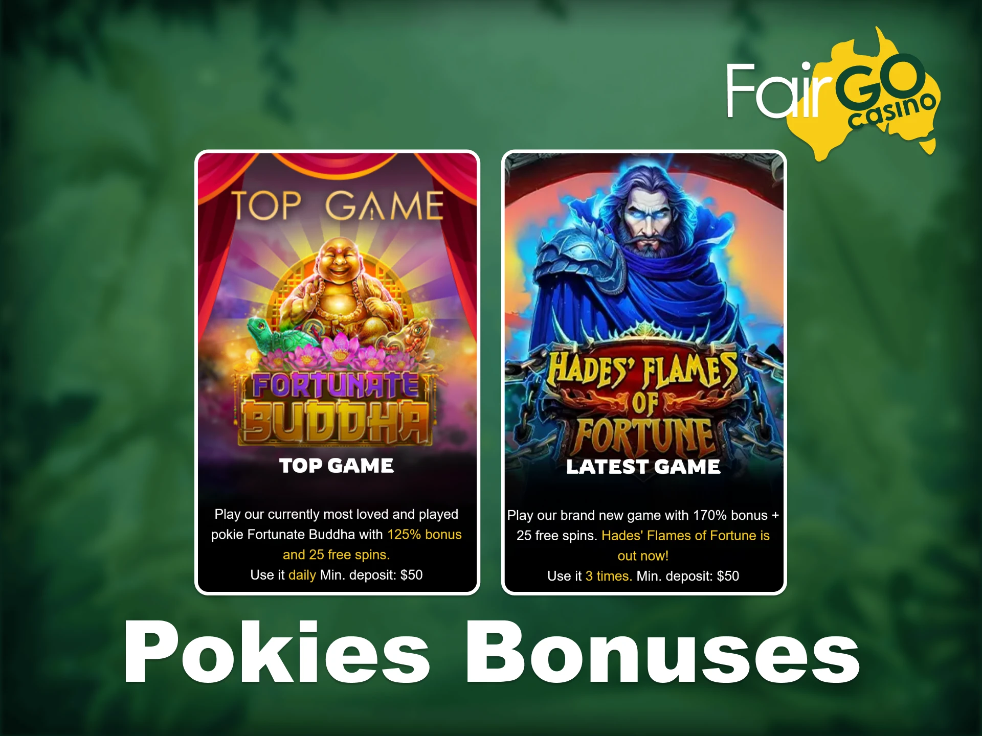 Enjoy generous bonuses when you play pokies with Fair Go.