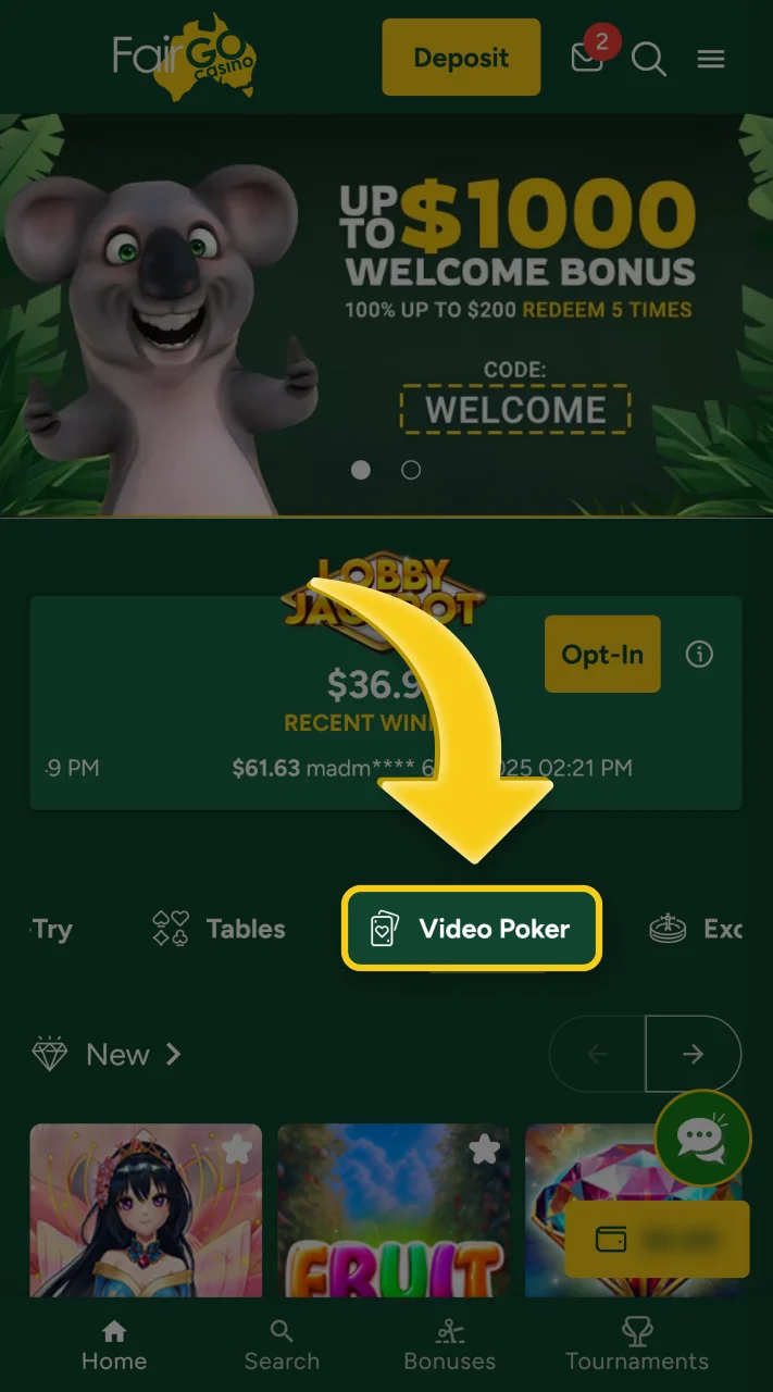 Locate the video poker games section at Fair Go.
